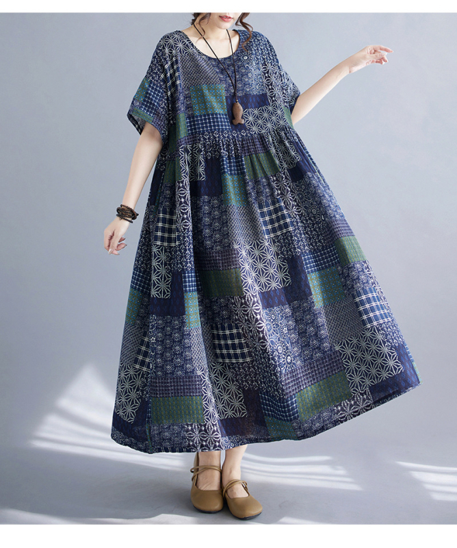 Višebojna raznolikost književnih retro pulovera kratkih rukava, haljine za inozemnu trgovinu, ljetna 2024., široka, plus size, suknja A-kroja za žene