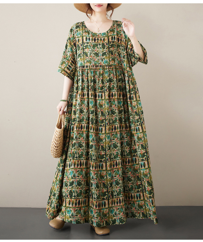 Višebojna raznolikost književnih retro pulovera kratkih rukava, haljine za inozemnu trgovinu, ljetna 2024., široka, plus size, suknja A-kroja za žene