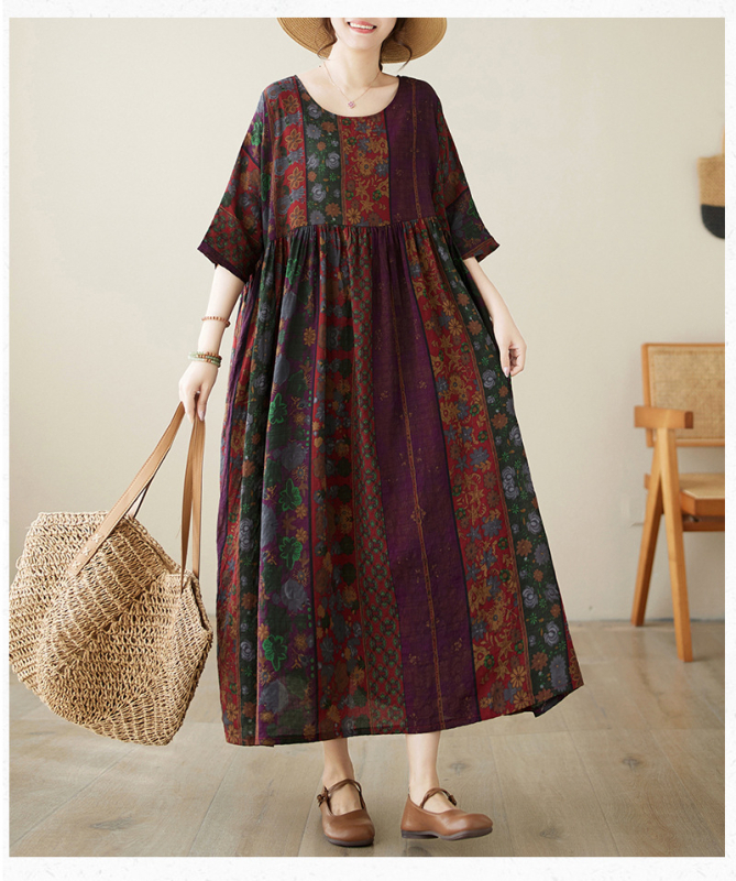 Višebojna raznolikost književnih retro pulovera kratkih rukava, haljine za inozemnu trgovinu, ljetna 2024., široka, plus size, suknja A-kroja za žene