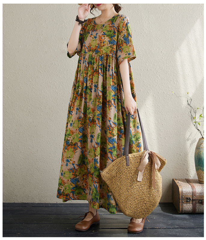 Višebojna raznolikost književnih retro pulovera kratkih rukava, haljine za inozemnu trgovinu, ljetna 2024., široka, plus size, suknja A-kroja za žene