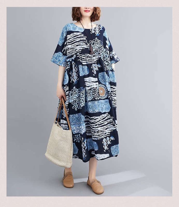 Višebojna raznolikost književnih retro pulovera kratkih rukava, haljine za inozemnu trgovinu, ljetna 2024., široka, plus size, suknja A-kroja za žene