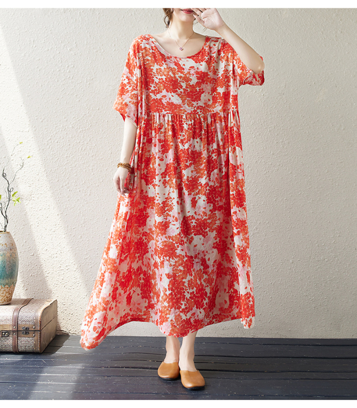 Višebojna raznolikost književnih retro pulovera kratkih rukava, haljine za inozemnu trgovinu, ljetna 2024., široka, plus size, suknja A-kroja za žene