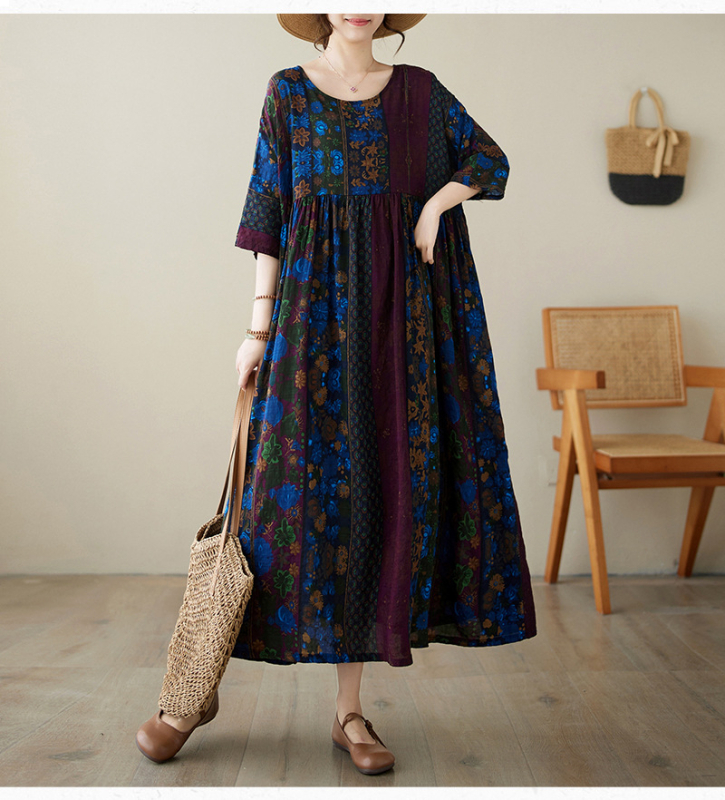 Višebojna raznolikost književnih retro pulovera kratkih rukava, haljine za inozemnu trgovinu, ljetna 2024., široka, plus size, suknja A-kroja za žene