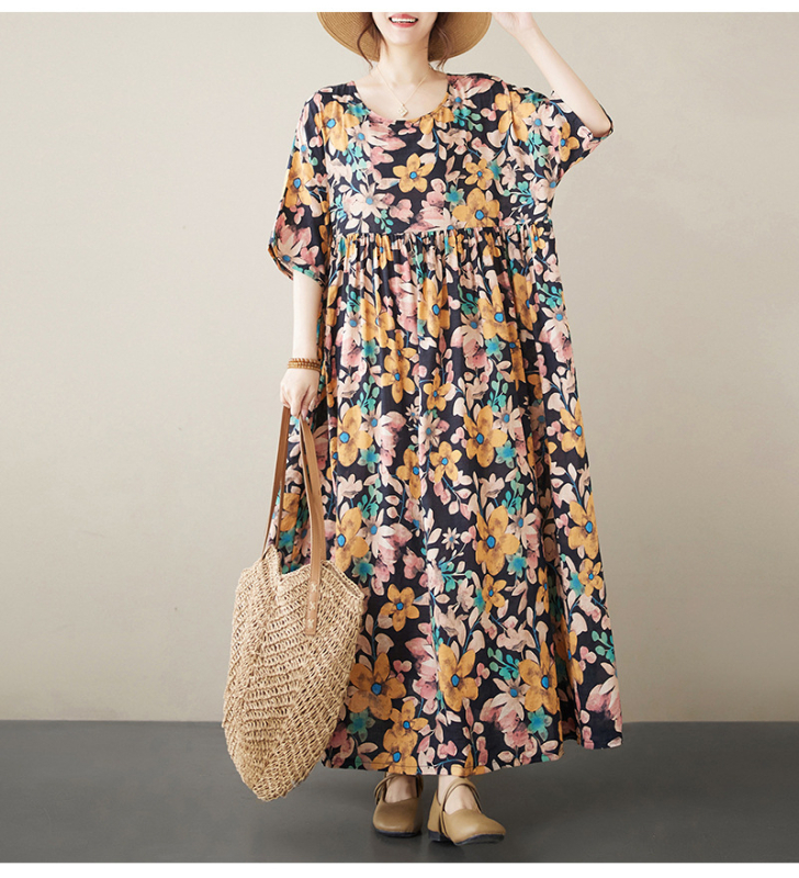 Višebojna raznolikost književnih retro pulovera kratkih rukava, haljine za inozemnu trgovinu, ljetna 2024., široka, plus size, suknja A-kroja za žene