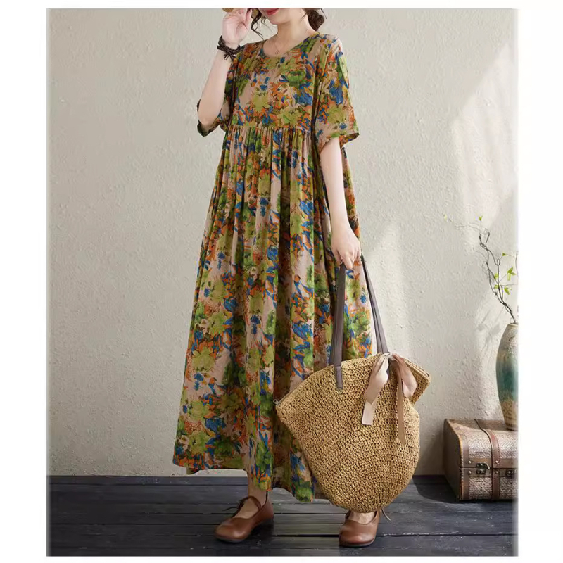 Višebojna raznolikost književnih retro pulovera kratkih rukava, haljine za inozemnu trgovinu, ljetna 2024., široka, plus size, suknja A-kroja za žene