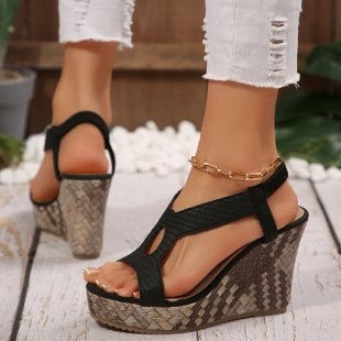 Sandale transfrontaliere pentru primăvară și vară, cu gură de pește, elastice, goale, cu platformă impermeabilă, sandale romane țesute cu talpă groasă pentru femei