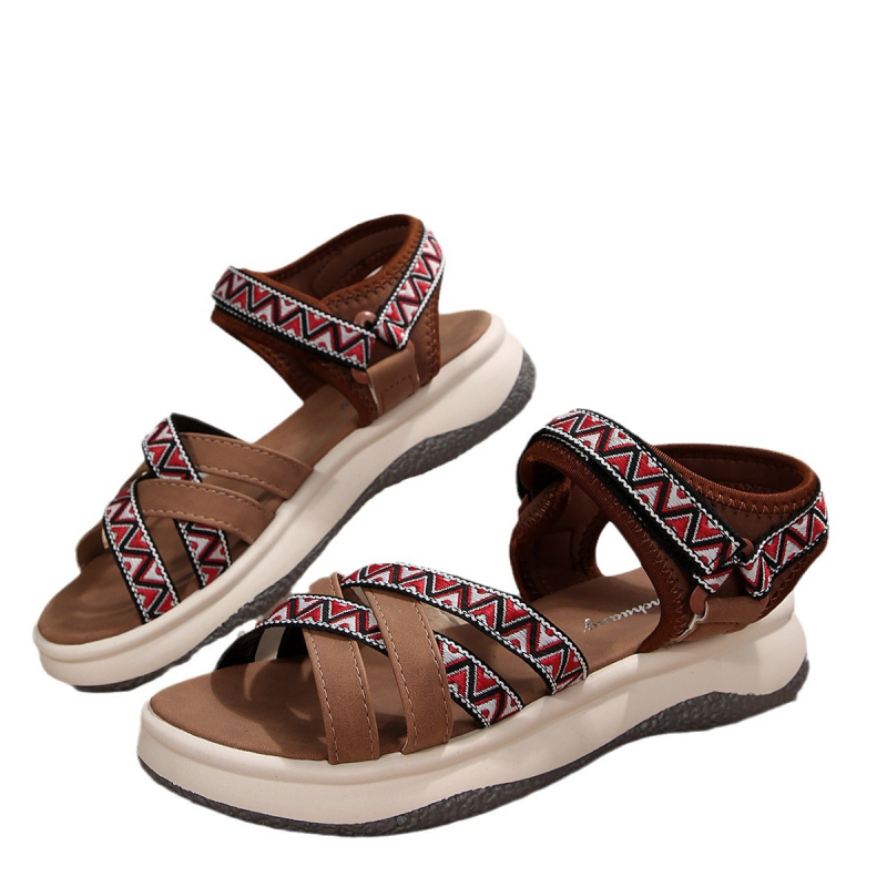 Ljetne nove sandale za žene, ženske, veće veličine, poznate, s printom i križnim remenom, ležerne rimske sandale iz inozemstva, s čičkom i križnim remenom