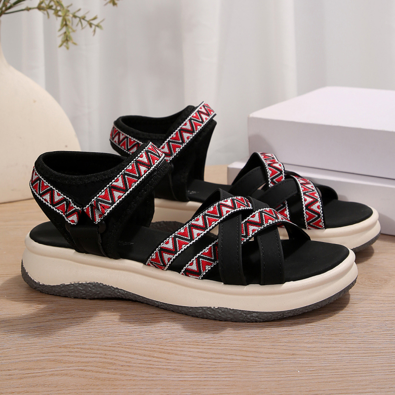 Ljetne nove sandale za žene, ženske, veće veličine, poznate, s printom i križnim remenom, ležerne rimske sandale iz inozemstva, s čičkom i križnim remenom