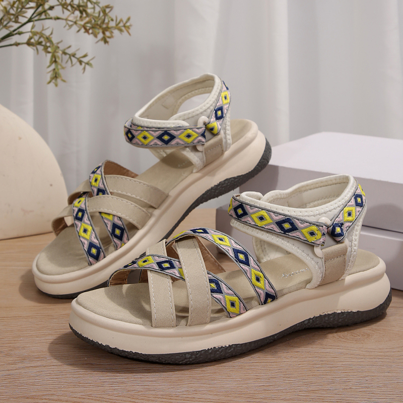 Ljetne nove sandale za žene, ženske, veće veličine, poznate, s printom i križnim remenom, ležerne rimske sandale iz inozemstva, s čičkom i križnim remenom