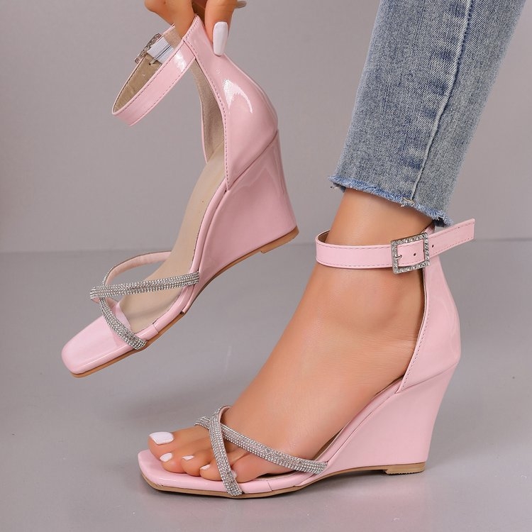 Vara 2024, stil coreean nou, la modă, cu cap pătrat, cataramă cu un caracter, toc înalt, modă casual, mărime plus, strasuri romane pentru femei