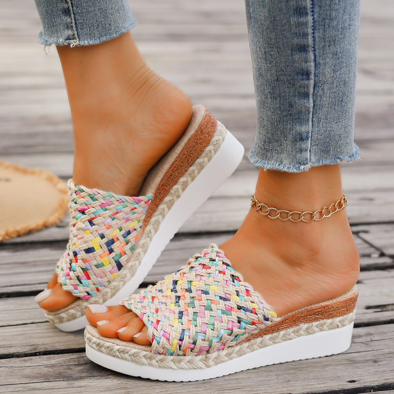 2024 nový národný štýl zahraničného obchodu plus size dámy hrubé dno rybie ústa s konopným lanom farebné papuče výrobcovia veľkoobchod