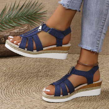 Ljeto 2024. Novi stil, ležerne cipele s patentnim zatvaračem, riblja usta, na klinu, jednobojne, ravne ženske sandale, retro sandale, ženske, izdubljene