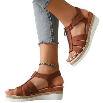 Ljeto 2024. Novi stil, ležerne cipele s patentnim zatvaračem, riblja usta, na klinu, jednobojne, ravne ženske sandale, retro sandale, ženske, izdubljene