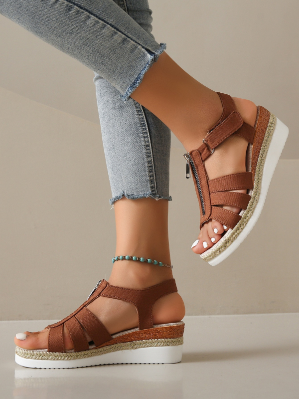 Ljeto 2024. Novi stil, ležerne cipele s patentnim zatvaračem, riblja usta, na klinu, jednobojne, ravne ženske sandale, retro sandale, ženske, izdubljene