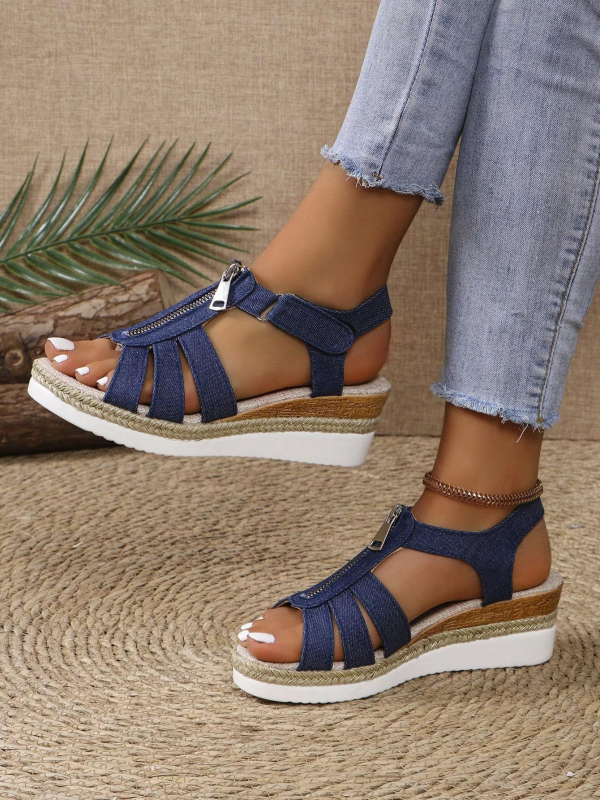 Ljeto 2024. Novi stil, ležerne cipele s patentnim zatvaračem, riblja usta, na klinu, jednobojne, ravne ženske sandale, retro sandale, ženske, izdubljene