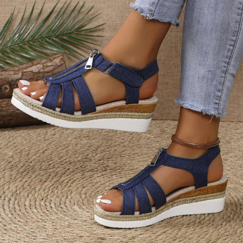 Ljeto 2024. Novi stil, ležerne cipele s patentnim zatvaračem, riblja usta, na klinu, jednobojne, ravne ženske sandale, retro sandale, ženske, izdubljene