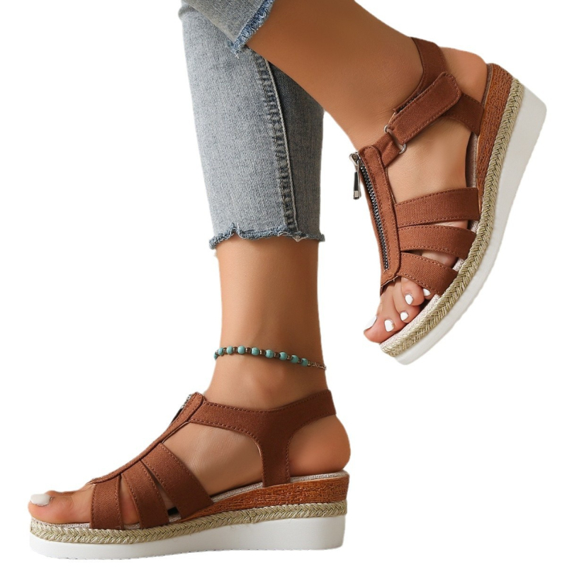 Ljeto 2024. Novi stil, ležerne cipele s patentnim zatvaračem, riblja usta, na klinu, jednobojne, ravne ženske sandale, retro sandale, ženske, izdubljene