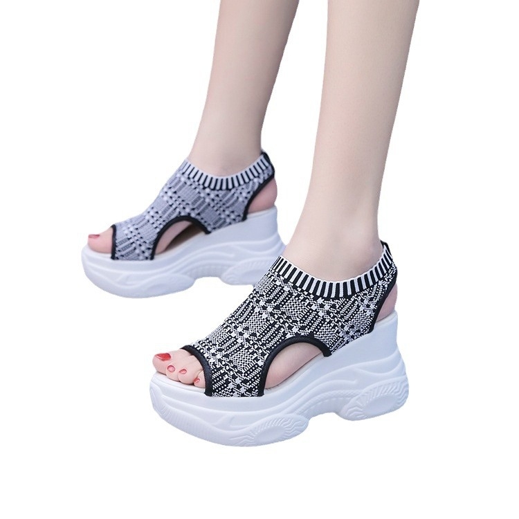 Sandale de vară pentru femei, tricotate, cu vârful deschis, stil Fairy, cu platformă și tocuri înalte, tricotate, cu talpă groasă, sport, 2025