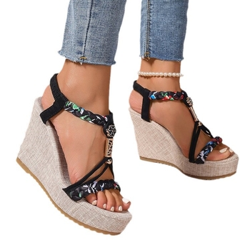 Külkereskedelmi, molett, vastag talpú, ék alakú szandál, női, 2025-ös, európai és amerikai új, szőtt, rugalmas, bohém stílusú, magas sarkú cipő.