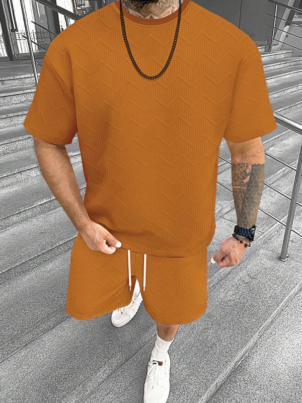 Suvine ühevärviline tekstuuriga ülikond Meeste lühikeste varrukatega T-särk Lühikesed püksid Meeste kaheosaline spordiriietus Vabaajariietus Meeste ME2-MA1