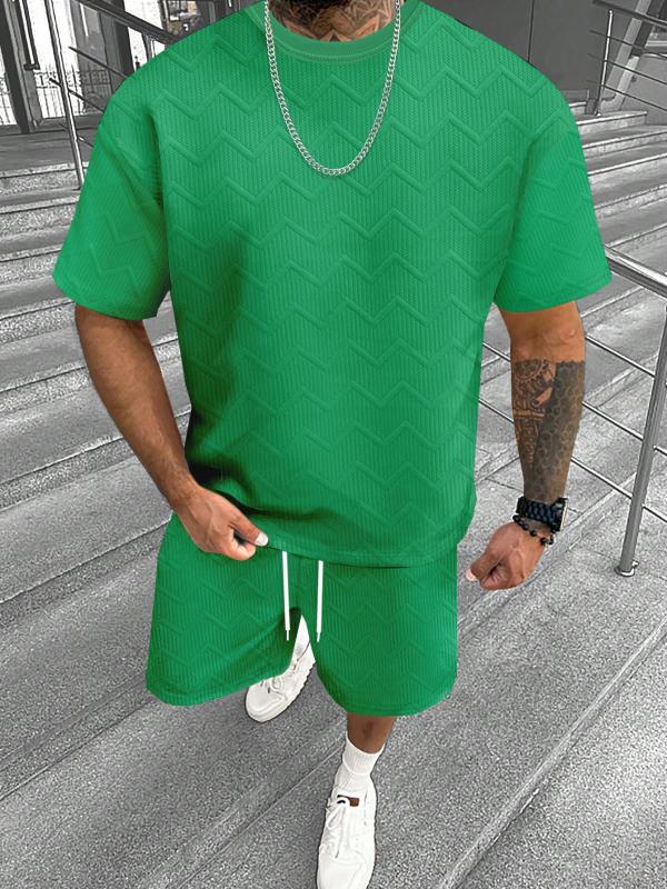 Suvine ühevärviline tekstuuriga ülikond Meeste lühikeste varrukatega T-särk Lühikesed püksid Meeste kaheosaline spordiriietus Vabaajariietus Meeste ME2-MA1