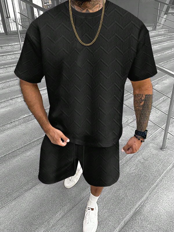 Suvine ühevärviline tekstuuriga ülikond Meeste lühikeste varrukatega T-särk Lühikesed püksid Meeste kaheosaline spordiriietus Vabaajariietus Meeste ME2-MA1