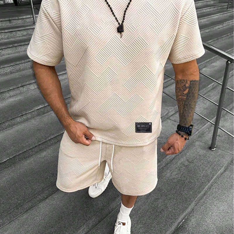 Suvine ühevärviline tekstuuriga ülikond Meeste lühikeste varrukatega T-särk Lühikesed püksid Meeste kaheosaline spordiriietus Vabaajariietus Meeste ME2-MA1