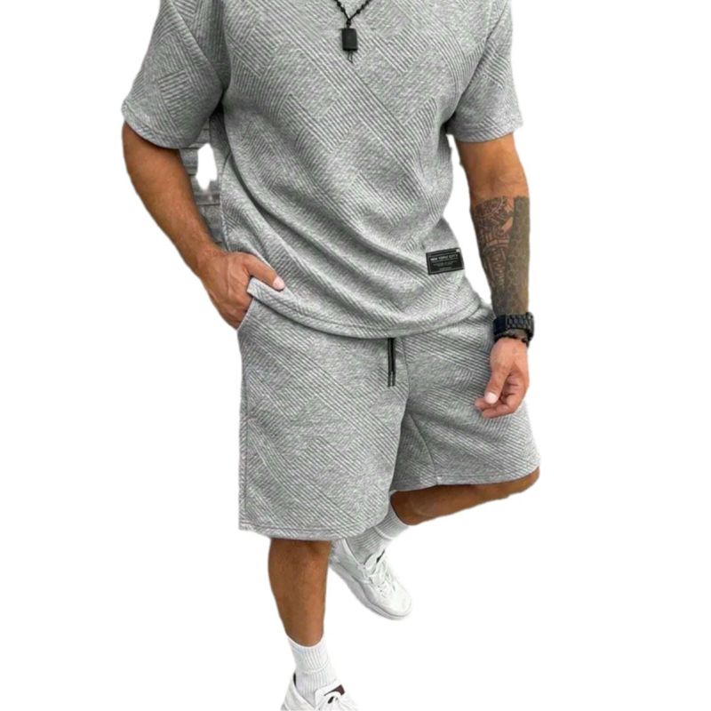 Suvine ühevärviline tekstuuriga ülikond Meeste lühikeste varrukatega T-särk Lühikesed püksid Meeste kaheosaline spordiriietus Vabaajariietus Meeste ME2-MA1