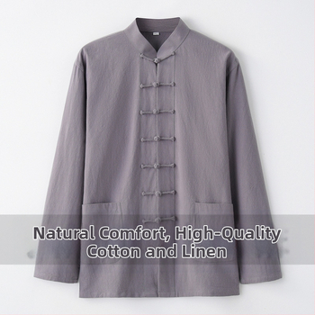 Pavasario ir rudens vyriškas kiniško stiliaus medvilninis ir lininis viršutinis kostiumas, kiniško stiliaus retro marškiniai, su apykakle, sagtimi apačioje.