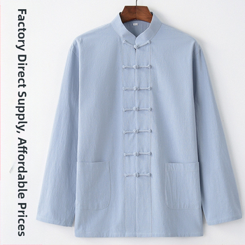 Pavasario ir rudens vyriškas kiniško stiliaus medvilninis ir lininis viršutinis kostiumas, kiniško stiliaus retro marškiniai, su apykakle, sagtimi apačioje.