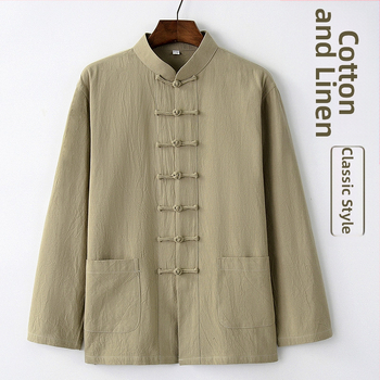 Pavasario ir rudens vyriškas kiniško stiliaus medvilninis ir lininis viršutinis kostiumas, kiniško stiliaus retro marškiniai, su apykakle, sagtimi apačioje.