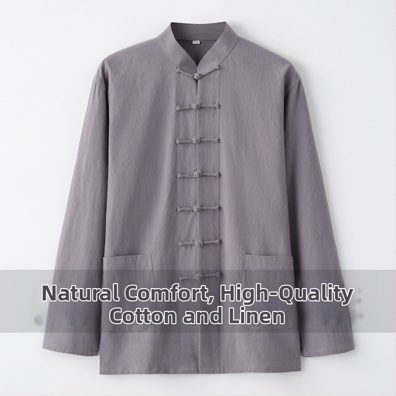 Пролетен и есенен костюм Танг, мъжки китайски стил, есенен памучен и ленен топ, облекло в китайски стил, ретро риза с яка и катарама, долна част на ризата