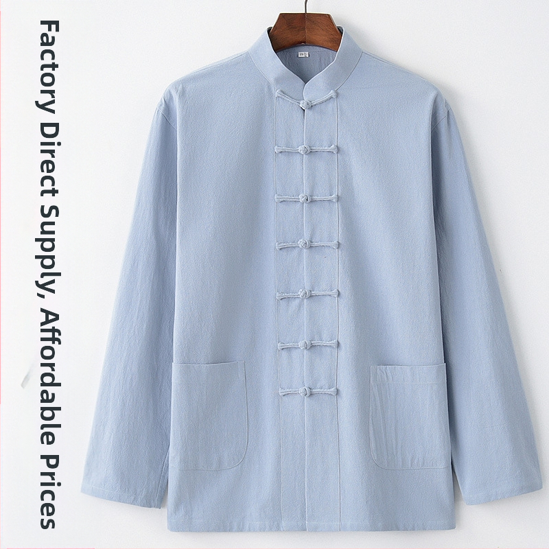 Пролетен и есенен костюм Танг, мъжки китайски стил, есенен памучен и ленен топ, облекло в китайски стил, ретро риза с яка и катарама, долна част на ризата