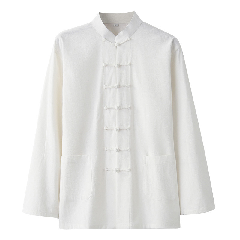 Pavasario ir rudens vyriškas kiniško stiliaus medvilninis ir lininis viršutinis kostiumas, kiniško stiliaus retro marškiniai, su apykakle, sagtimi apačioje.