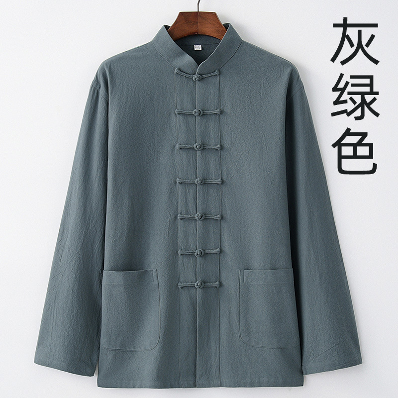 Pavasario ir rudens vyriškas kiniško stiliaus medvilninis ir lininis viršutinis kostiumas, kiniško stiliaus retro marškiniai, su apykakle, sagtimi apačioje.