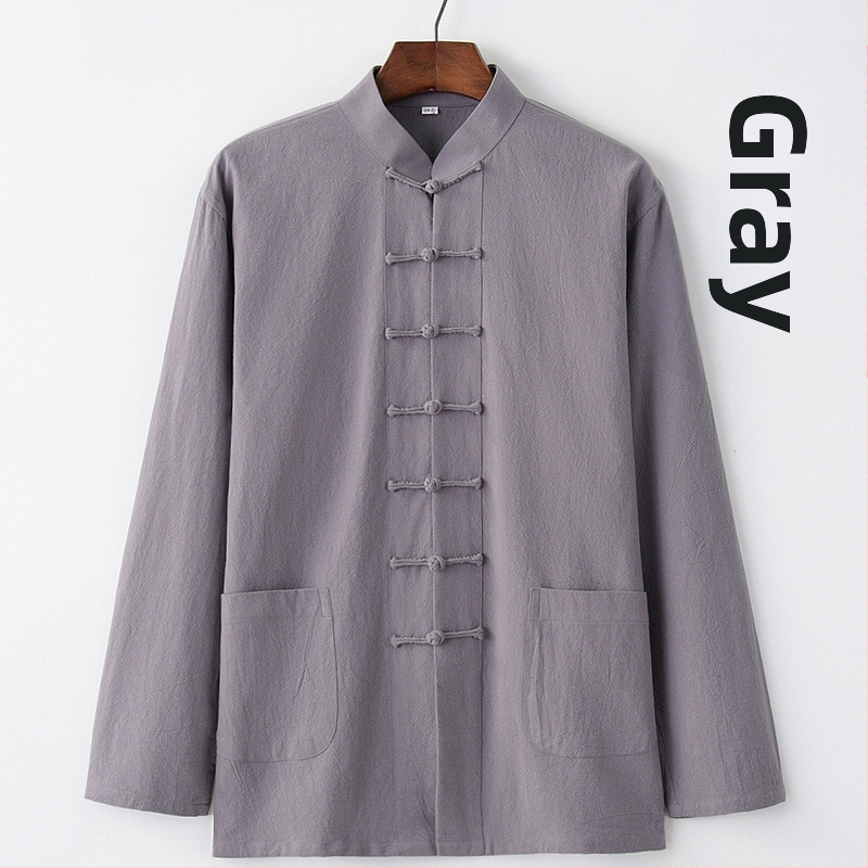 Pavasario ir rudens vyriškas kiniško stiliaus medvilninis ir lininis viršutinis kostiumas, kiniško stiliaus retro marškiniai, su apykakle, sagtimi apačioje.