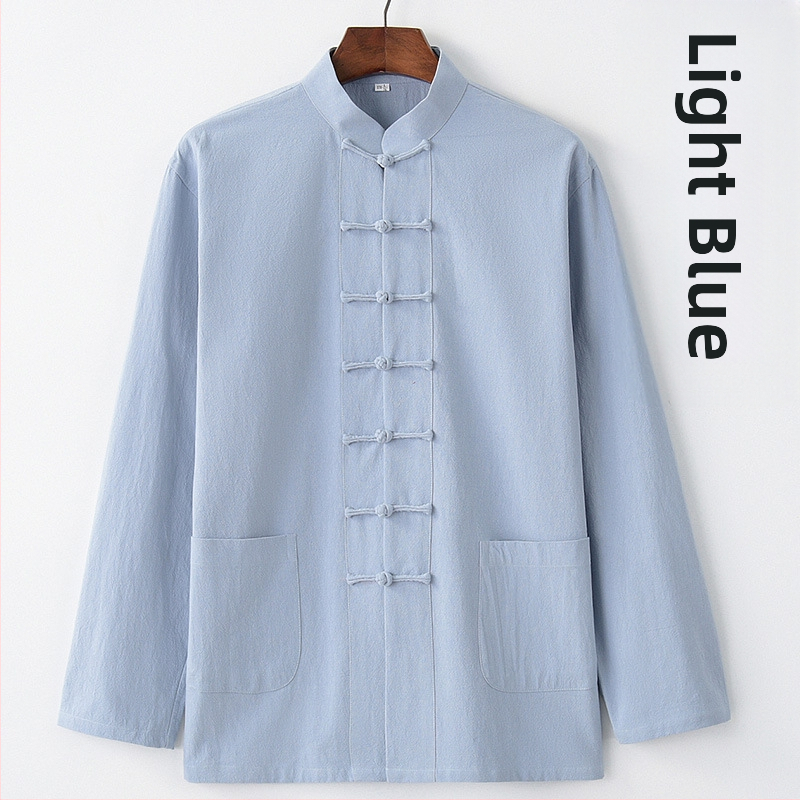 Pavasario ir rudens vyriškas kiniško stiliaus medvilninis ir lininis viršutinis kostiumas, kiniško stiliaus retro marškiniai, su apykakle, sagtimi apačioje.