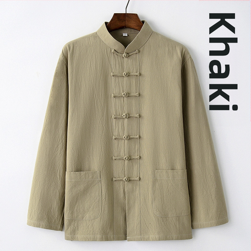 Pavasario ir rudens vyriškas kiniško stiliaus medvilninis ir lininis viršutinis kostiumas, kiniško stiliaus retro marškiniai, su apykakle, sagtimi apačioje.
