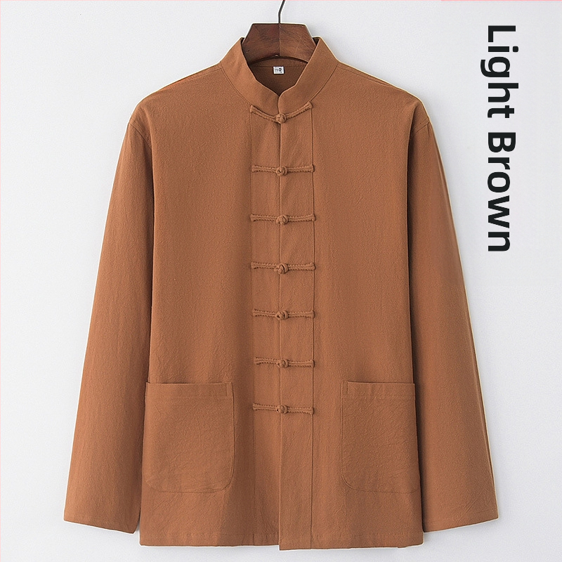 Pavasario ir rudens vyriškas kiniško stiliaus medvilninis ir lininis viršutinis kostiumas, kiniško stiliaus retro marškiniai, su apykakle, sagtimi apačioje.