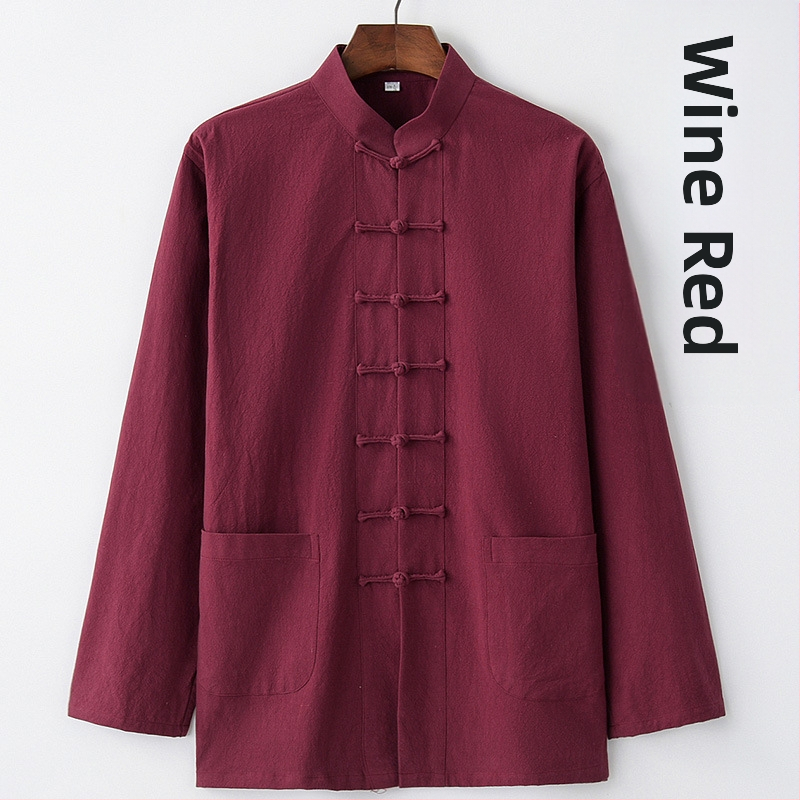 Pavasario ir rudens vyriškas kiniško stiliaus medvilninis ir lininis viršutinis kostiumas, kiniško stiliaus retro marškiniai, su apykakle, sagtimi apačioje.