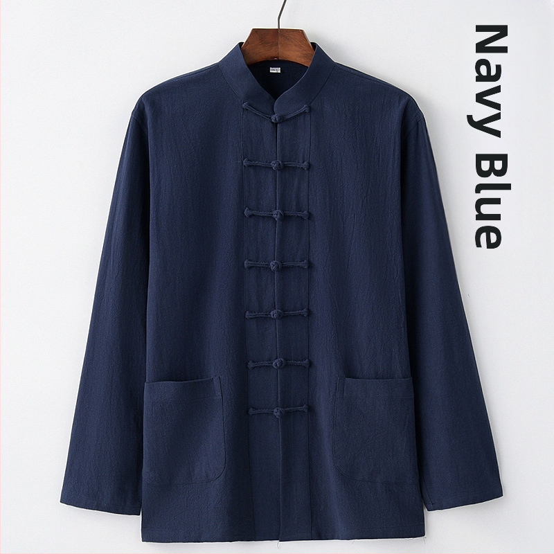 Pavasario ir rudens vyriškas kiniško stiliaus medvilninis ir lininis viršutinis kostiumas, kiniško stiliaus retro marškiniai, su apykakle, sagtimi apačioje.