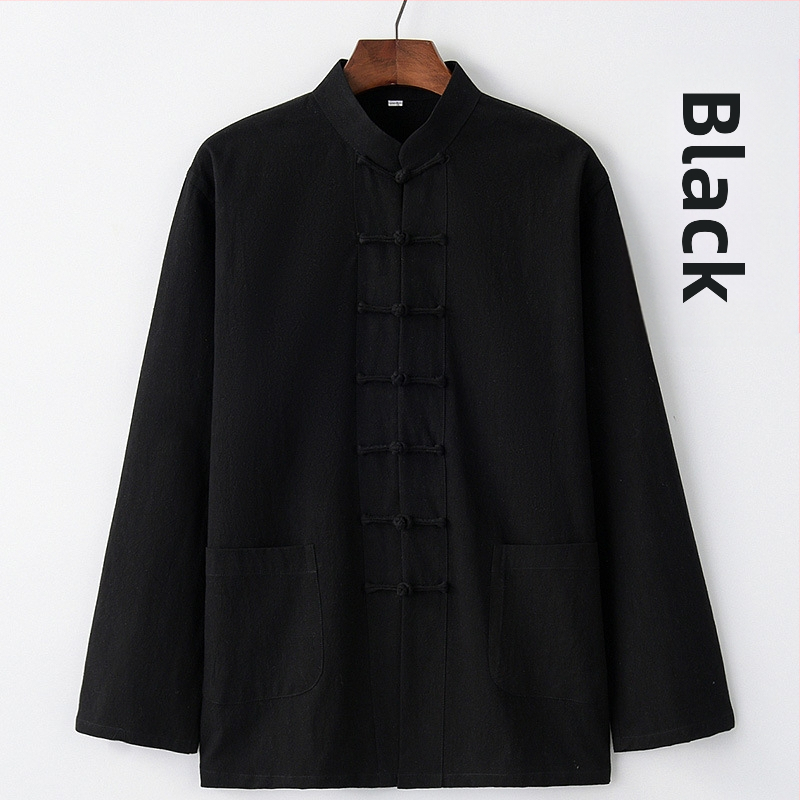 Pavasario ir rudens vyriškas kiniško stiliaus medvilninis ir lininis viršutinis kostiumas, kiniško stiliaus retro marškiniai, su apykakle, sagtimi apačioje.