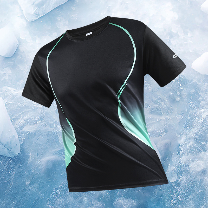 Tricou de vară cu mânecă scurtă, din mătase subțire, cu uscare rapidă, sport, guler rotund, mânecă scurtă, mărime plus, imprimare camuflaj gradient, mânecă scurtă, cu bordură transversală