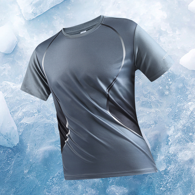 Tricou de vară cu mânecă scurtă, din mătase subțire, cu uscare rapidă, sport, guler rotund, mânecă scurtă, mărime plus, imprimare camuflaj gradient, mânecă scurtă, cu bordură transversală