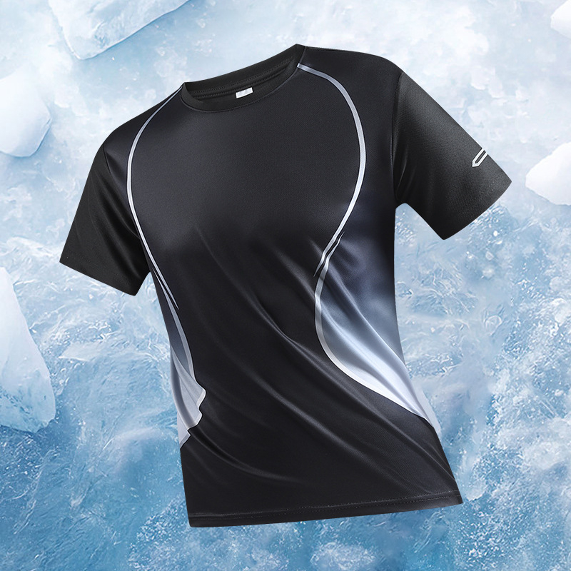 Tricou de vară cu mânecă scurtă, din mătase subțire, cu uscare rapidă, sport, guler rotund, mânecă scurtă, mărime plus, imprimare camuflaj gradient, mânecă scurtă, cu bordură transversală