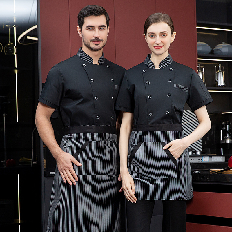 Lühikeste varrukatega suvine hingavast võrkkangast kokariietus, õhukesed köögiriided, lääne restorani köögiriided