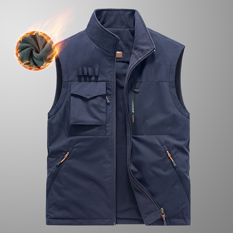 [Kahepoolne kandmine] Talvine fliisvoodriga paksendatud kahepoolne vest meeste õues kasutatav lahtine pluss-suuruses vest jakk