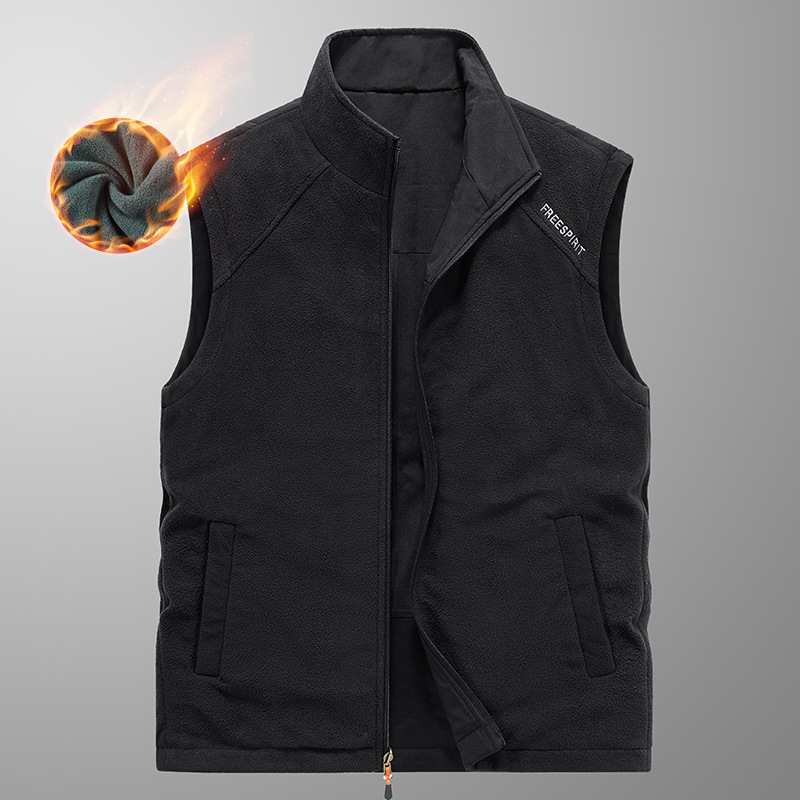 [Kahepoolne kandmine] Talvine fliisvoodriga paksendatud kahepoolne vest meeste õues kasutatav lahtine pluss-suuruses vest jakk