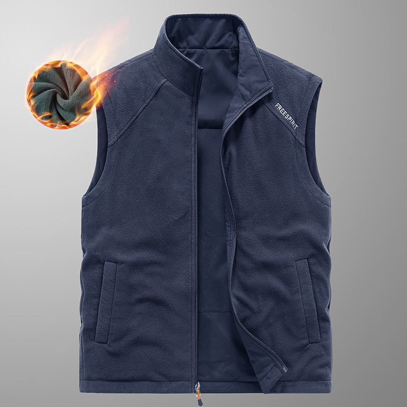 [Kahepoolne kandmine] Talvine fliisvoodriga paksendatud kahepoolne vest meeste õues kasutatav lahtine pluss-suuruses vest jakk
