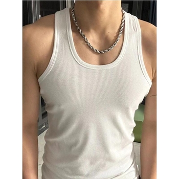 Vyriška liemenė su siūlais, sunki, balta, apvaliu kaklu, amerikietiško stiliaus, aptempta, elastinga, laisvalaikio, kvėpuojanti, prakaitą sugerianti liemenė